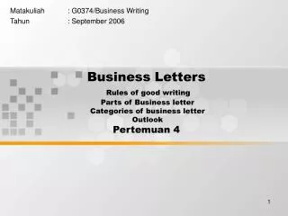 Business Letters Rules of good writing Parts of Business letter Categories of business letter Outlook Pertemuan 4