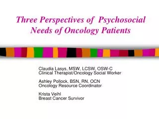 Claudia Lasys, MSW, LCSW, OSW-C Clinical Therapist/Oncology Social Worker Ashley Pollock, BSN, RN, OCN Oncology Resourc