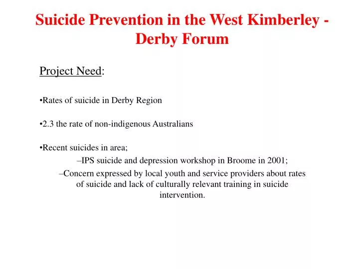 suicide prevention in the west kimberley derby forum