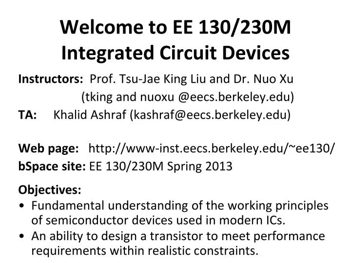 welcome to ee 130 230m integrated circuit devices