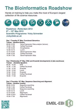 Day 1 Tuesday 8 th May: Functional Genomics Trainer: (Ibrahim Emam) 09:00-10:30 	 Gene Expression Data analysis (