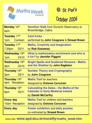 more info: www.spd.dcu.ie/moreilly/ maths_week.htm