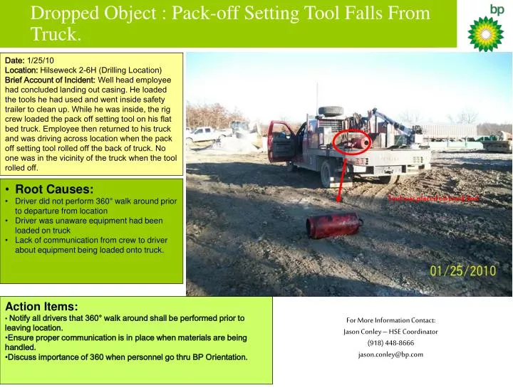 dropped object pack off setting tool falls from truck