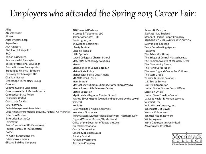employers who attended the spring 2013 career fair