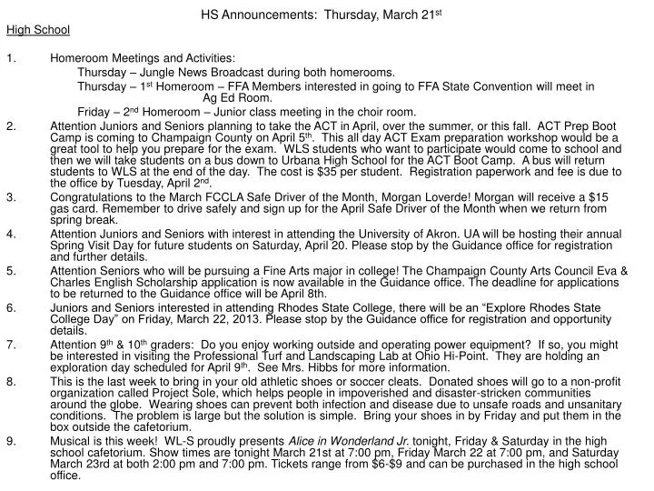 hs announcements thursday march 21 st