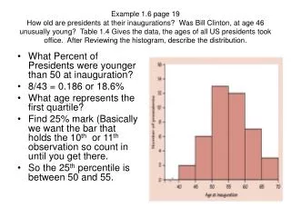 What Percent of Presidents were younger than 50 at inauguration? 8/43 = 0.186 or 18.6% What age represents the first qua