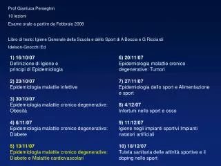 Prof Gianluca Perseghin 10 lezioni Esame orale a partire da Febbraio 2008 Libro di testo: Igiene Generale della Scuola e