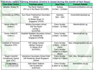 Free Kicks centre Training Schedule (Centre is closed during the month of Hari Raya)