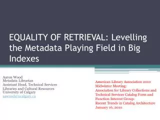 EQUALITY OF RETRIEVAL: Levelling the Metadata Playing Field in Big Indexes
