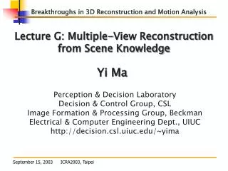 Lecture G: Multiple-View Reconstruction from Scene Knowledge