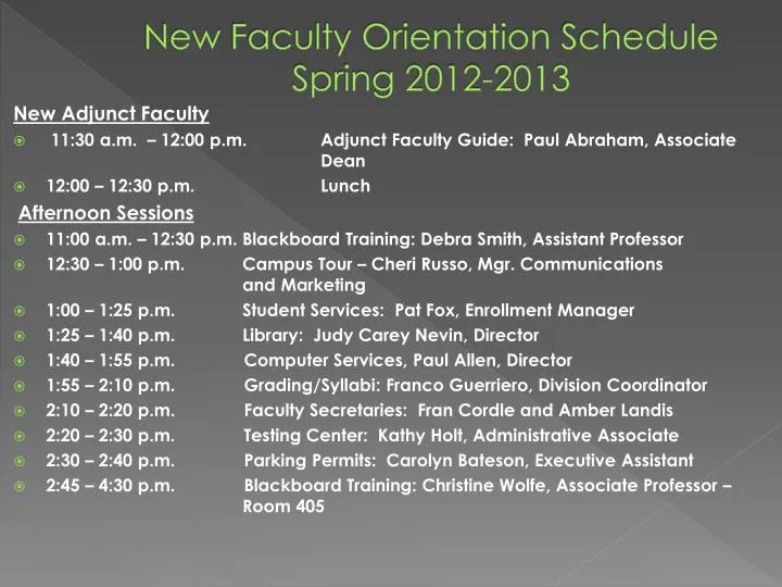 new faculty orientation schedule spring 2012 2013