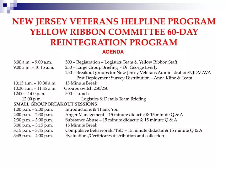 new jersey veterans helpline program yellow ribbon committee 60 day reintegration program