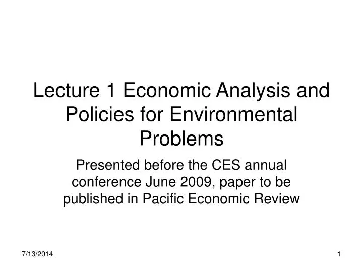 lecture 1 economic analysis and policies for environmental problems