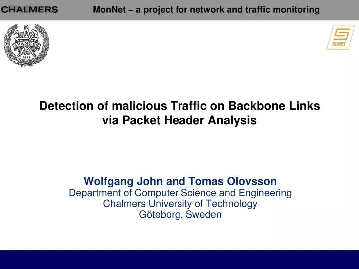detection of malicious traffic on backbone links via packet header analysis