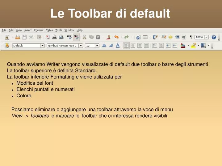 le toolbar di default