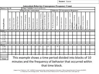 This example shows a time period divided into blocks of 10 minutes and the frequency of behavior that occurred within th