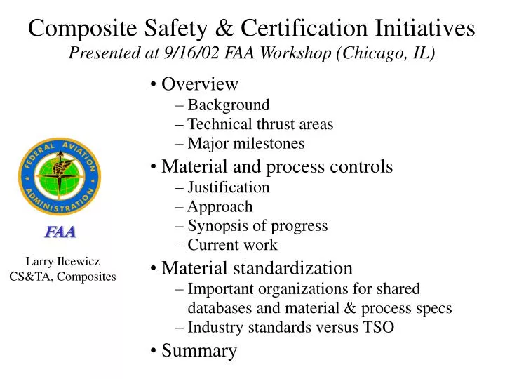 composite safety certification initiatives presented at 9 16 02 faa workshop chicago il