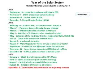 Year of the Solar System Planetary Science Mission Events as of 08/20/12