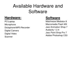 Available Hardware and Software