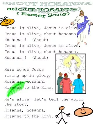 Jesus is alive, Jesus is alive, Jesus is alive, shout hosanna. Hosanna ! (Shout) Jesus is alive, Jesus is alive, Jesus
