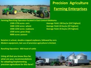 Farming/Ranching Operation located in East Central Oklahoma 	1500-1750 acres: corn		Average Yield: 190 bu /ac (247 high