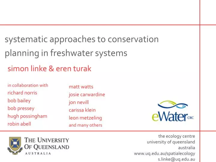 systematic approaches to conservation planning in freshwater systems