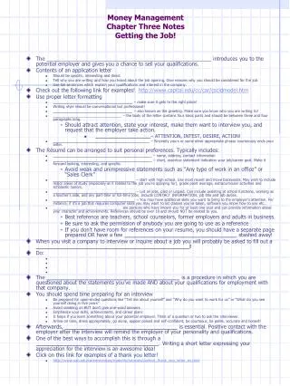 money management chapter three notes getting the job