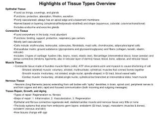 Epithelial Tissue Found as linings, coverings, and glands Functions: protection, absorption, filtration, secretion