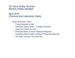 UC Davis Safety Services Monthly Safety Spotlight April 2010: Chemical and Laboratory Safety