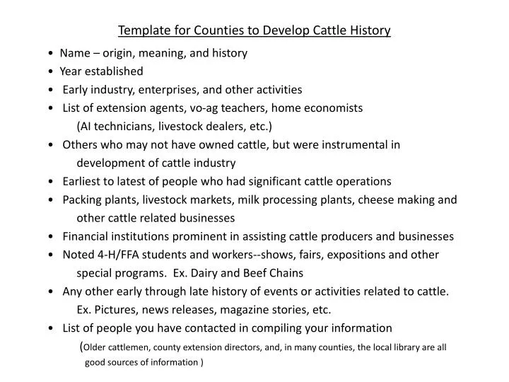 template for counties to develop cattle history