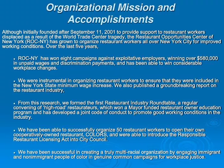 organizational mission and accomplishments