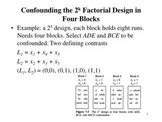 Example: a 2 5 design, each block holds eight runs. Needs four blocks. Select ADE and BCE to be confounded. Two def