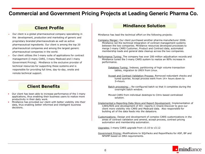 commercial and government pricing projects at leading generic pharma co