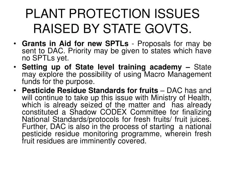 plant protection issues raised by state govts