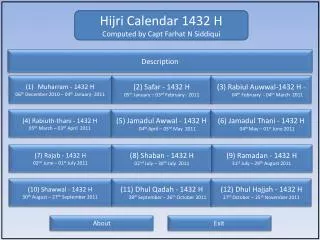 Hijri Calendar 1432 H Computed by Capt Farhat N Siddiqui