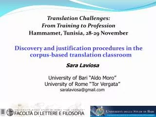 Translation Challenges: From Training to Profession Hammamet , Tunisia, 28-29 November