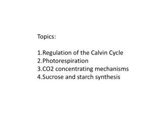 Topics: Regulation of the Calvin Cycle Photorespiration CO2 concentrating mechanisms Sucrose and starch synthesis