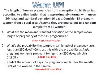 What are the mean and standard deviation of the sample mean length of pregnancy of these 15 pregnancies?