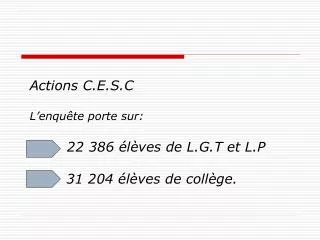 Actions C.E.S.C L’enquête porte sur: 22 386 élèves de L.G.T et L.P 	 31 204 élèves de collège.