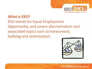What is EEO? EEO stands for Equal Employment Opportunity, and covers discrimination and associated topics such as harass