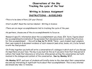 Observations of the Sky Tracking the cycle of the Year Writing in Science Assignment