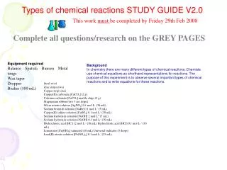Types of chemical reactions STUDY GUIDE V2.0