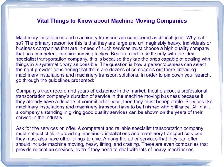 vital things to know about machine moving companies