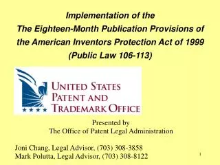Implementation of the The Eighteen-Month Publication Provisions of the American Inventors Protection Act of 1999 (Pub