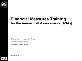 Financial Measures Training for the Annual Self Assessments (ASAs)