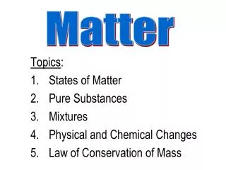 Topics : States of Matter Pure Substances Mixtures Physical and Chemical Changes Law of Conservation of Mass