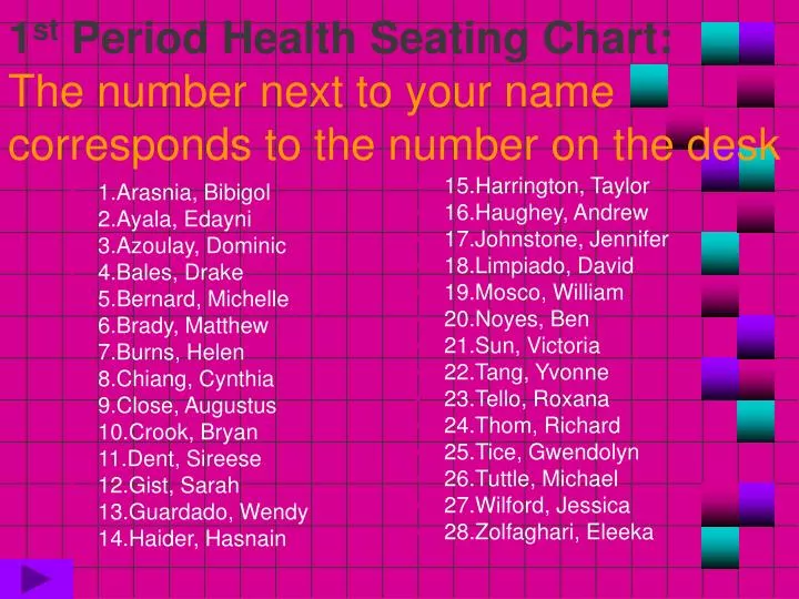1 st period health seating chart the number next to your name corresponds to the number on the desk