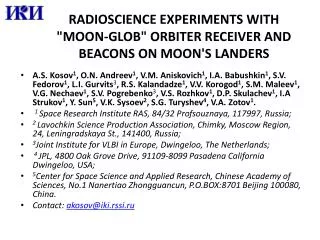 radioscience Experiments with &quot; Moon-Glob &quot; Orbiter Receiver and Beacons on Moon's landers