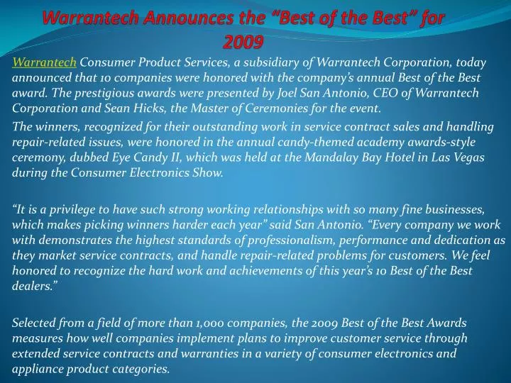 warrantech announces the best of the best for 2009