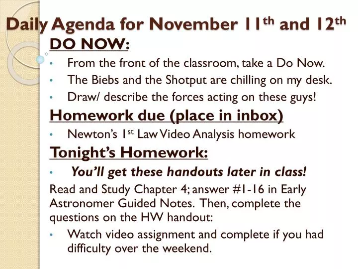 daily agenda for november 11 th and 12 th